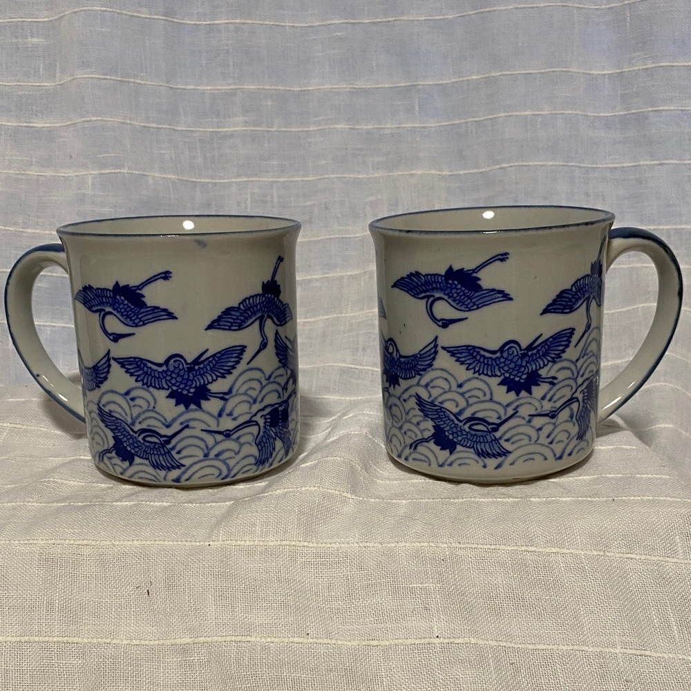 Set of blue and white crane mugs